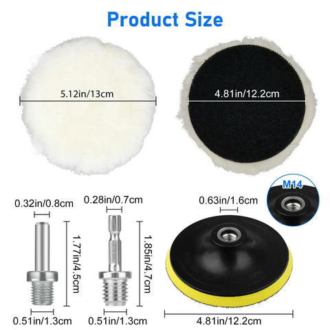11 Piece 5 Inch Wool Polishing Buffing Pad Kit For Drill Buffer With M14 Adapter product size dimensions shown