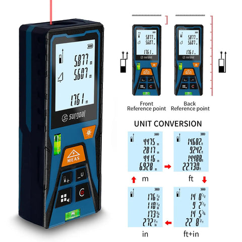 Solid Build Laser Distance Measurer With Glowing Backlit LCD And Precision Bubble Levels Fast Half Second Snap Readings Up To One Ninety Six Feet Sweet DIY Tool For Contractors And Homeowners