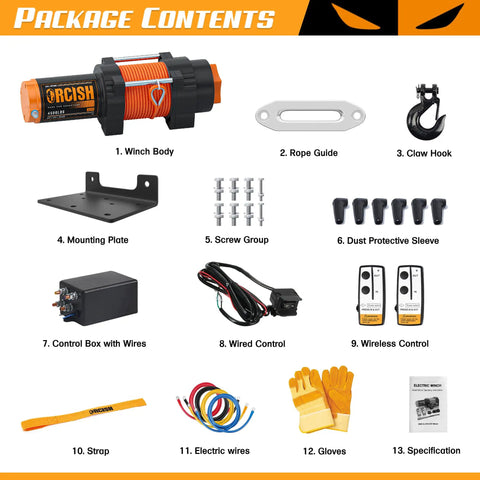 Package contents of 4500 Pound 12V DC Waterproof Electric Winch Kit for ATV UTV with components labeled and displayed.