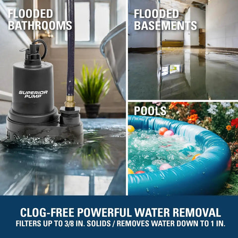 Heavy-Duty 1/2 HP Submersible Utility Pump Delivers Up To 3300 GPH, thermoplastic body in action removing water from flooded areas
