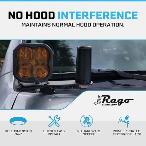 Top Tier Ham Antenna Ditch Bracket Extension Mount secured on a vehicle hood with orange light, 3/4 inch hole size.