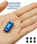 Pack Of Six 6Mm To 6Mm Bore Rigid Shaft Couplers In Blue Anodized Aluminum With A Tight Grip M4 Set Screw Setup And Easy Install Wrench for precision motor alignment, shown in hand with M4 set screws.