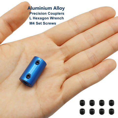 Pack Of Six 6Mm To 6Mm Bore Rigid Shaft Couplers In Blue Anodized Aluminum With A Tight Grip M4 Set Screw Setup And Easy Install Wrench for precision motor alignment, shown in hand with M4 set screws.