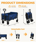 Heavy Duty Collapsible Wagon Cart 67L With 220 Lbs Capacity Adjustable Handle Lightweight Portable Design All Terrain Wheels With Detachable Option Ideal For Beach Camping Shopping Garden And Sports Blue, shown with dimensions and folding steps.
