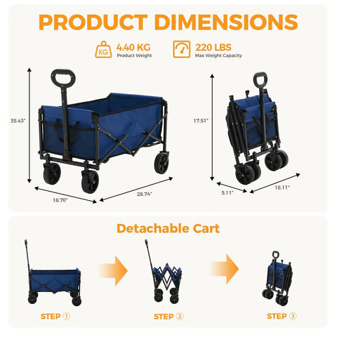 Heavy Duty Collapsible Wagon Cart 67L With 220 Lbs Capacity Adjustable Handle Lightweight Portable Design All Terrain Wheels With Detachable Option Ideal For Beach Camping Shopping Garden And Sports Blue, shown with dimensions and folding steps.