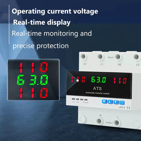 Dual Power Generator Transfer Switch 63A 110V with LED display showing real-time voltage and current readings.