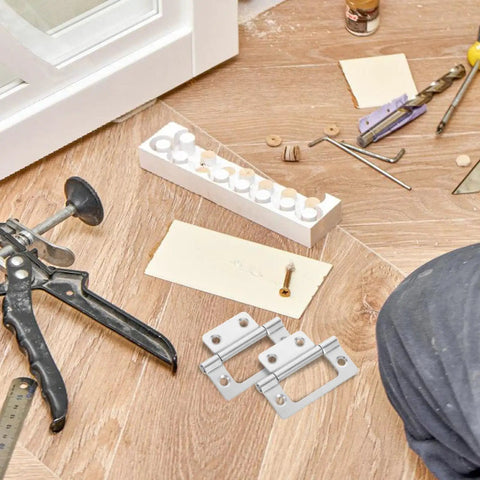 Heavy Duty Kitchen Cabinet Door Hinges Set, 10 Pcs, 304 Stainless Steel Quiet Wardrobe Hinges laid out on wooden floor.