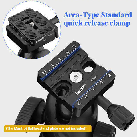 Arca Swiss Compatible 50mm Screw Knob Clamp Adapter for Quick Release Plates Fits Camera Tripod Ball Heads and Monopods Captive Knob With Safety Stop Grooves M6 Mount and Three Eighths Inch Threaded Hole for Versatile Rig, black aluminum clamp on ball head
