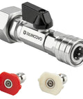 Garden Hose Shut Off Valve To Pressure Washer Adapter Three Quarter Inch GHT To One Quarter Inch Quick Connect with nozzles