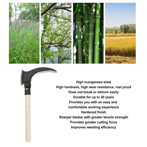 Heavy Duty Weeding Sickle With Wooden Handle, High Manganese Steel Garden Tool, showing blade design and material benefits