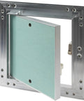 Zero Drama Six By Six Inch Waterproof Drywall Access Panel With Slick Push To Open Flush Mount showing aluminum frame and green panel.