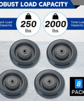 Four heavy duty five inch polyurethane shopping cart replacement wheels showing robust load capacity of 250 lbs each, 2000 lbs total.