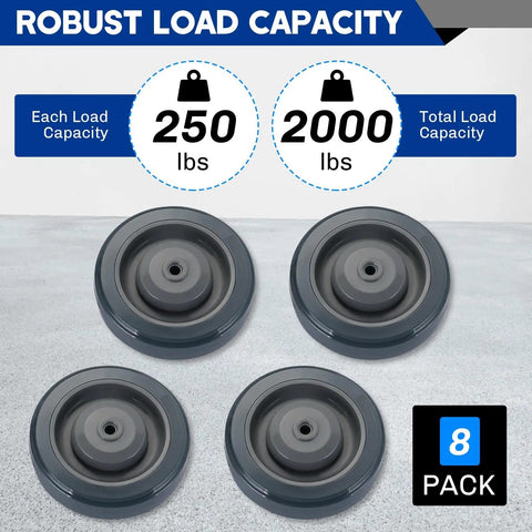 Four heavy duty five inch polyurethane shopping cart replacement wheels showing robust load capacity of 250 lbs each, 2000 lbs total.