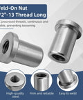 Heavy Duty Half Inch X 13 Stepped Female Weld On Nuts With Extended Threads And Low Carbon Steel Chassis Tabs Built Tough As Nails For Rock Solid Frame Mods And Hassle Free Hardware Installations Including 6 Pieces, showcasing the CNC processed threads and flanged base.