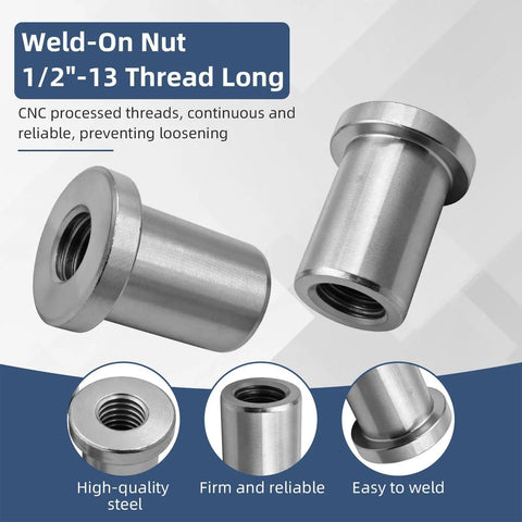 Heavy Duty Half Inch X 13 Stepped Female Weld On Nuts With Extended Threads And Low Carbon Steel Chassis Tabs Built Tough As Nails For Rock Solid Frame Mods And Hassle Free Hardware Installations Including 6 Pieces, showcasing the CNC processed threads and flanged base.