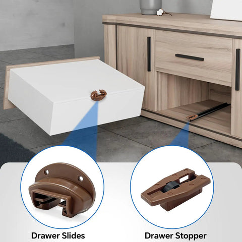 Heavy Duty Center Mount Drawer Slide Replacement For Standard Rite Trak Number One Six Eight Tracks with brown nylon rollers shown on a dresser.