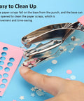 3 Piece Metal Handheld Paper Punch Set With Circle Star Heart Shapes in use on a blue paper, showing confetti and easy clean-up feature.
