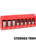 Eight Piece One Fourth Inch Drive Universal Socket Set With Dual Finish For SAE Metric Hex Six Point Twelve Point E Torx Spline And Square Fasteners Great For Cars Home Garage And DIY Projects All In One Handy Kit in red storage tray