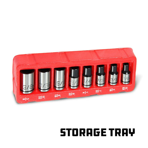 Eight Piece One Fourth Inch Drive Universal Socket Set With Dual Finish For SAE Metric Hex Six Point Twelve Point E Torx Spline And Square Fasteners Great For Cars Home Garage And DIY Projects All In One Handy Kit in red storage tray