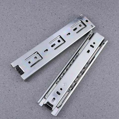 Heavy Duty Telescopic Drawer Slides 8 Inch Cabinet Rails with steel ball bearings on gray background.