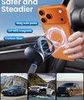 MagSafe Car Phone Holder With All Metal Aluminum Alloy Build 360 Degree Rotating in use with iPhone, showing magnetic plate.