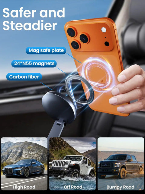 MagSafe Car Phone Holder With All Metal Aluminum Alloy Build 360 Degree Rotating in use with iPhone, showing magnetic plate.