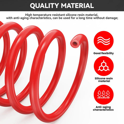 Close-up of a coiled red silicone vacuum hose from the Red Silicone Vacuum Hose Kit 6 Piece Multi Size Tubing Set With One Eighth Inch To Three Eighths Inch For Auto Engine Air And Water Applications Durable Heat Resistant Flexible Rubber Hoses.
