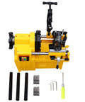 Built Different Heavy Duty Electric Pipe Threader Threading Machine With Self Oiling System and NPT BSP Dies, yellow machine with accessories.