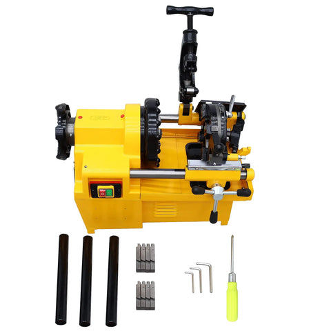Pro Shop Grade Electric Pipe Threader Machine 220V Heavy Duty Power Tool shown from the top with attachments and tooling.
