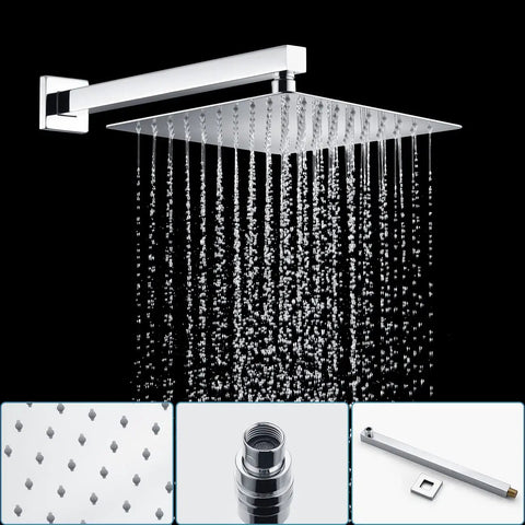 All In One Square Shower System With 10 Inch Rain Shower Head And Handheld Shower Polished Chrome Valve Trim Kit With Pressure Balance Easy Install Modern Bathroom Faucet Set For Home, featuring the square rain shower head with water flow.