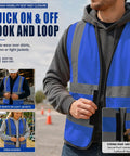 Heavy Duty High Visibility Safety Vest In Vivid Blue Featuring Continuous Reflective Banding Cut From Ultra Breathable Mesh For Hard Hats Trail Blazers And Night Runners Straight Up Designed To Keep You Seen And Locked In, showcasing quick on and off hook and loop closure.