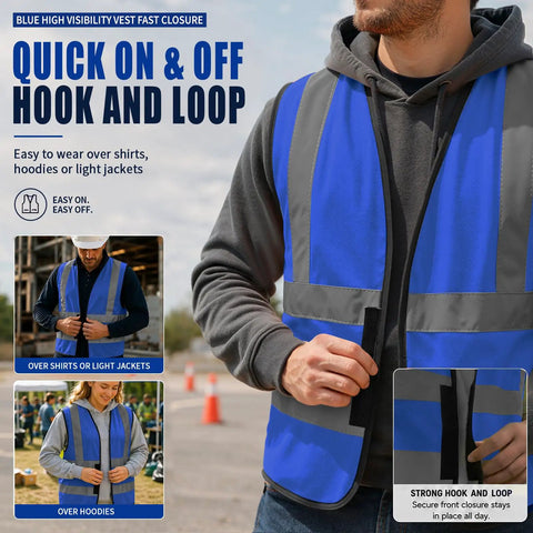 Heavy Duty High Visibility Safety Vest In Vivid Blue Featuring Continuous Reflective Banding Cut From Ultra Breathable Mesh For Hard Hats Trail Blazers And Night Runners Straight Up Designed To Keep You Seen And Locked In, showcasing quick on and off hook and loop closure.