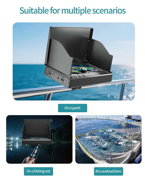 Underwater Fishing Camera With Infrared Night Vision Portable 100ft Cable 4 Point 3 Inch LCD Display Upgraded HD Lens shown on yacht, fishing rod, and seafood farm
