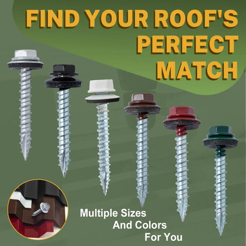 Heavy Duty Metal Roofing Screws Size 10 X 1-1/2 Inches With Sealed Rubber Washers 300 Count in various colors and sizes.