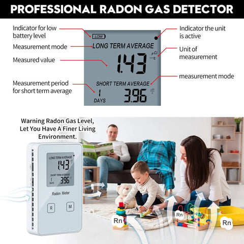 Portable Radon Detector And Home Radon Monitor Long And Short Term Radon Test Kit Rechargeable Battery Powered Meter For Quick Readings Safe Living Easy Setup Real Time Monitoring display showing radon levels