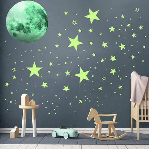 1086 Piece Glow In The Dark Stars And Moon Wall Decals Set for Ceiling and Walls Solar System Galaxy Kids Bedroom Green Decor