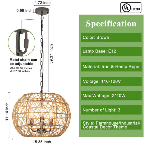 Rustic Woven Pendant Light With Hemp Rope Finish For A Coastal Beachy Vibe 3 Light Metal Basket Fixture On Adjustable 39 Inch Chain Vintage Chandeliers For Kitchen Dining Table Living Room E12 Base, specifications displayed, adjustable chain shown