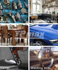 Collage of various items including hardware, kitchenware, furniture, a car, a container, and a welding scar.