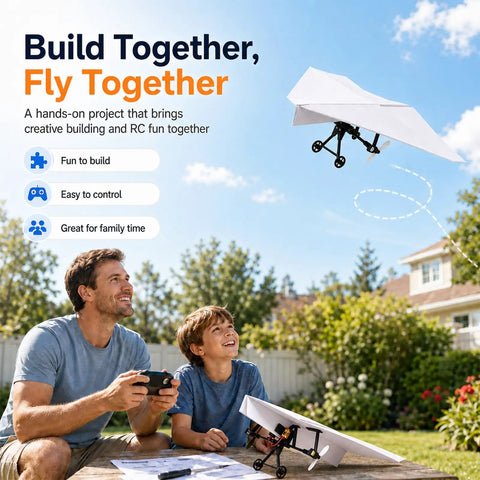 Father and son with DIY Paper Airplane RC Kit For Grownups Build A Motorized Remote Control Paper Plane With Propeller Easy To Fly