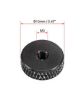 Flat Knurled Nut M3 12mm 4mm Thumb Lock Nut Aluminum Alloy Black showing dimensions with 12mm outer diameter