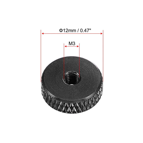 Flat Knurled Nut M3 12mm 4mm Thumb Lock Nut Aluminum Alloy Black showing dimensions with 12mm outer diameter