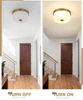 11 Inch Brushed Gold Flush Mount Ceiling Light With Milk Glass Shades for hallways in modern indoor setting, on and off view