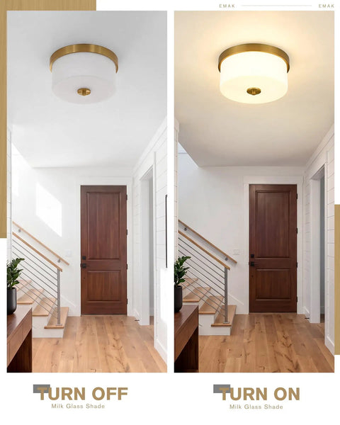 11 Inch Brushed Gold Flush Mount Ceiling Light With Milk Glass Shades for hallways in modern indoor setting, on and off view