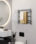 Black Wall Mounted Electric Towel Warmer Rack With 5 Bars Stainless Steel Heated Towel Holder 40W 120V in bathroom setting
