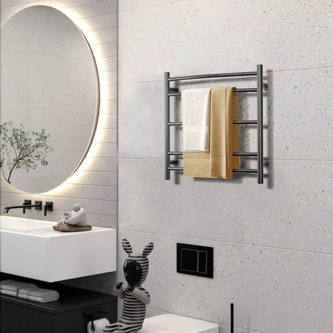 Black Wall Mounted Electric Towel Warmer Rack With 5 Bars Stainless Steel Heated Towel Holder 40W 120V in bathroom setting