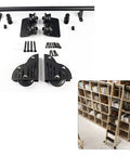 Components of Heavy Duty Sliding Barn Door Hardware Full Set With Curved Round Track and Hella Smooth Floor Roller Wheels.