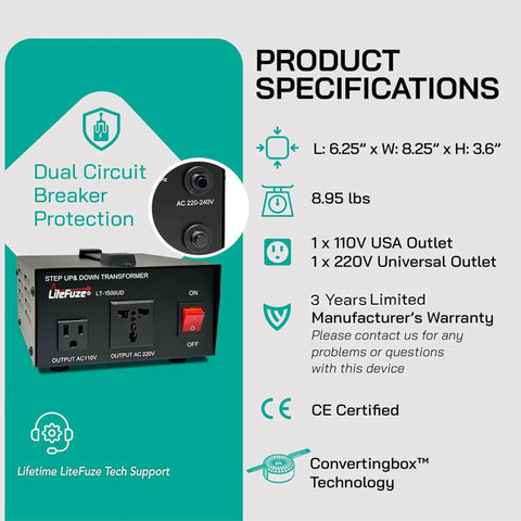 1500 Watt Voltage Converter Transformer For Global Voltage 110V To 220V And 220V To 110V with specifications and outlets