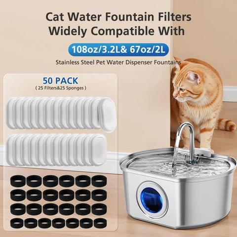 Must Have 50 Pack Cat Water Fountain Filter Replacement Set For Stainless Steel Pet Water Dispenser Fits 108 To 3.2L, 67 Oz