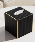 Black Square PU Leather Tissue Box Cover With Gold Tone Edging Luxury Vibe For Living Room Bedroom Bathroom Desk Or Office Coffee Table Decor That Feels Boss Level Dope on table