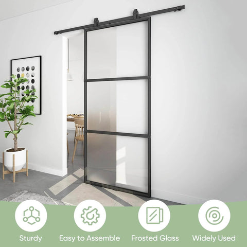Dope 36-Inch By 84-Inch Frosted Glass Barn Door With Six-Foot Top Mounted Hardware Kit Includes Soft Close Mechanism, Black Carbon Steel Frame, installed view in living space.